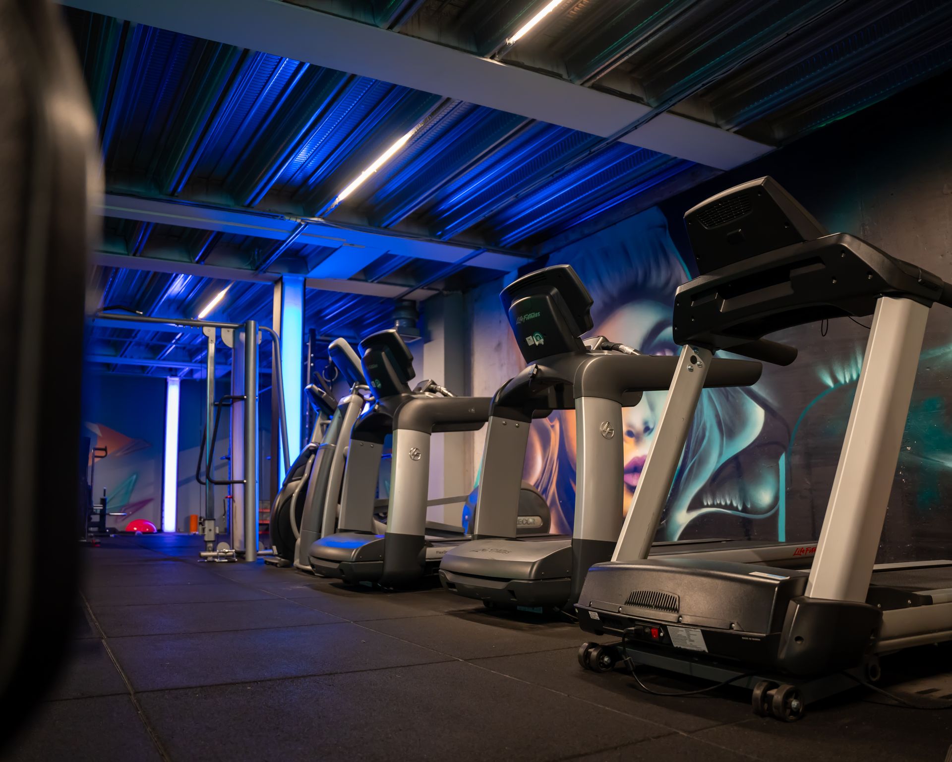 Sala de gimnasio equipada con máquinas de alquiler